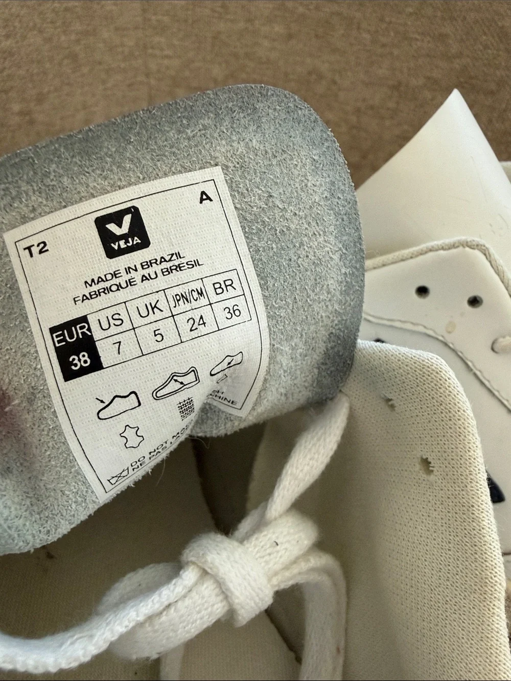 Veja White Leather Sneakers with Navy V and Red Heel Accent